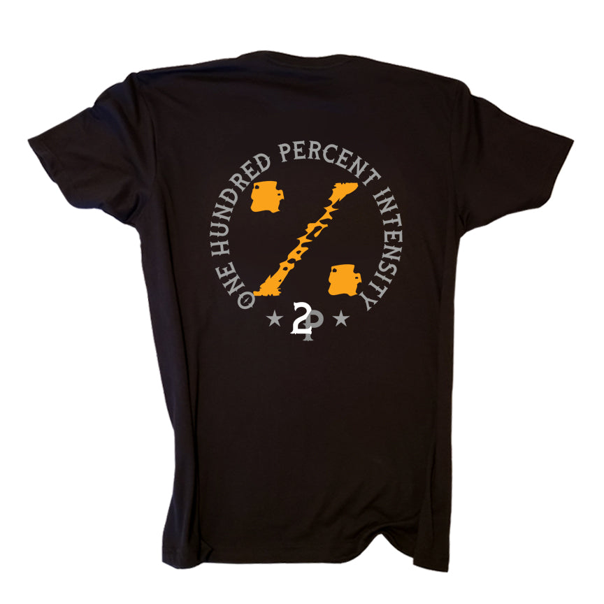 100% Intensity 1 Orange on black tee