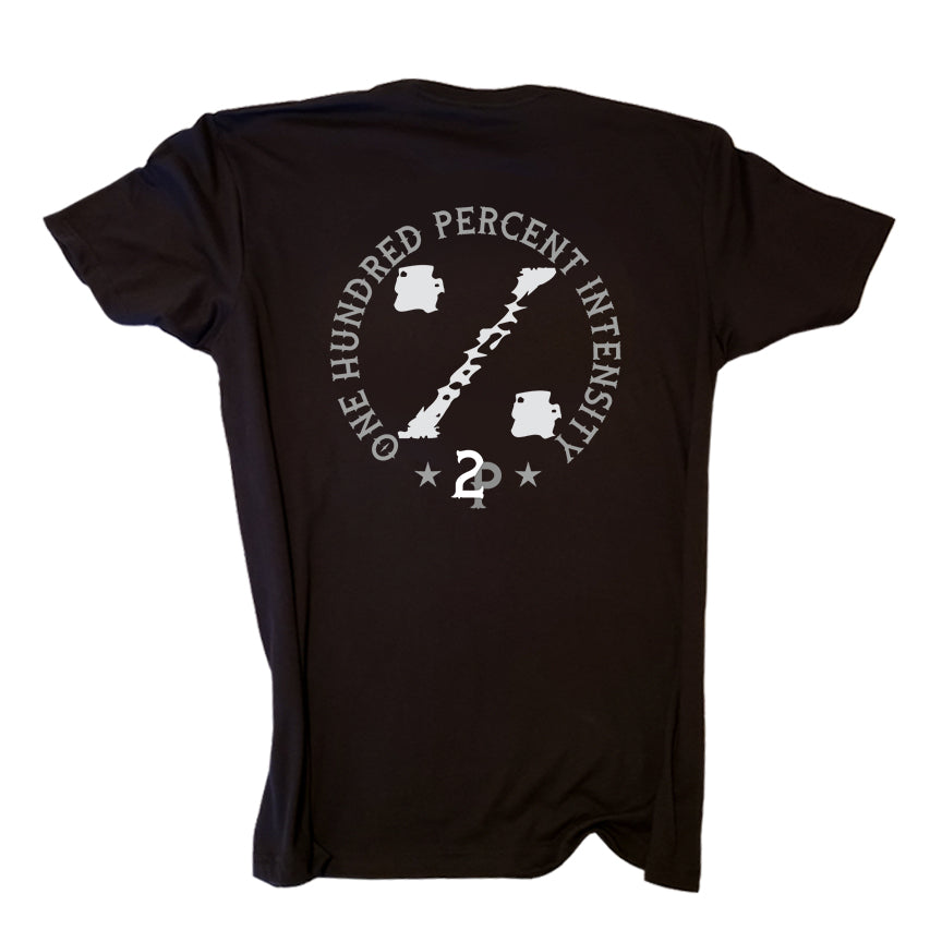 100% Intensity 1 White on black tee