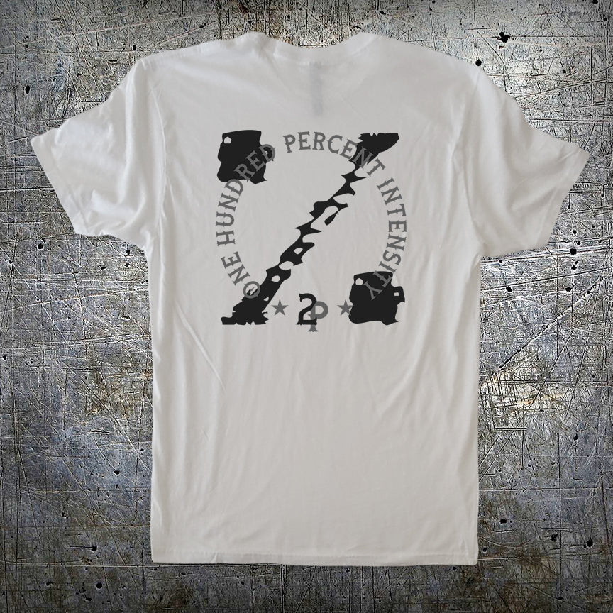 100% Intensity 2 Black on white tee