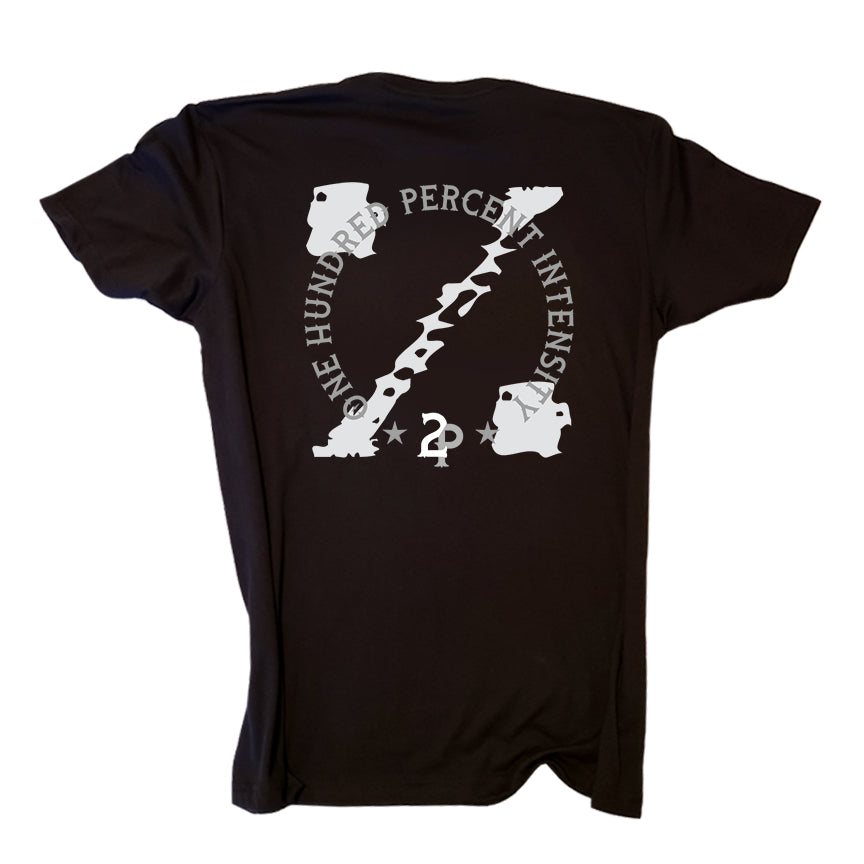 100% Intensity 2 Gray on black tee