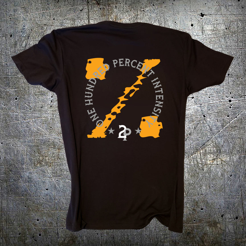 100% Intensity 2 Orange on black tee